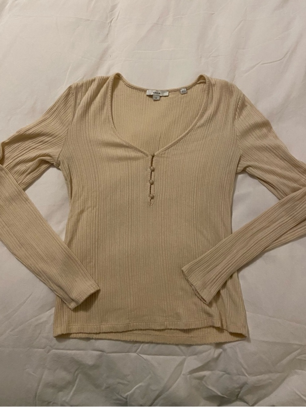 Vince Ribbed Henley Long Sleeve Vneck Button Top
